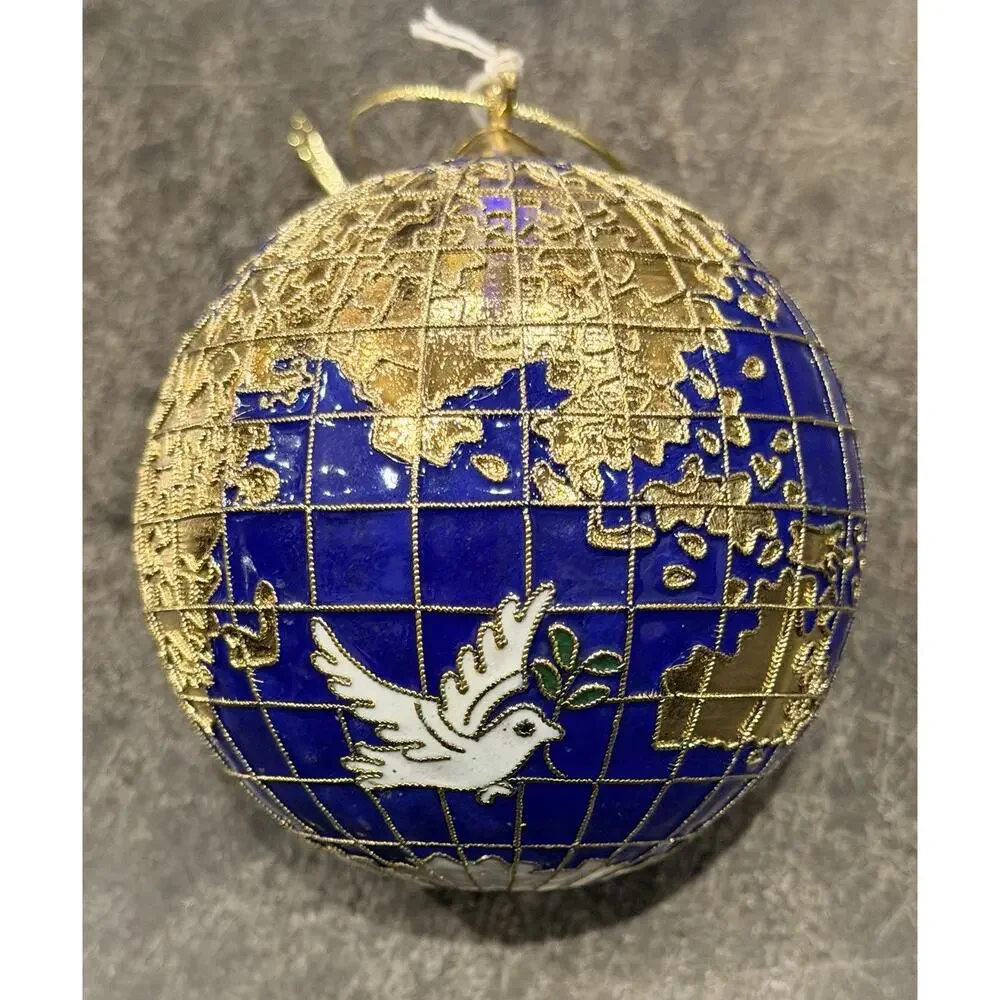 Vintage Cloisonne World Globe Peace Doves 2000 Christmas Tree Ornament